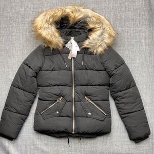 TOPSHOP Faux Fur Trim Puffer Jacket BLACK SIZE US 2